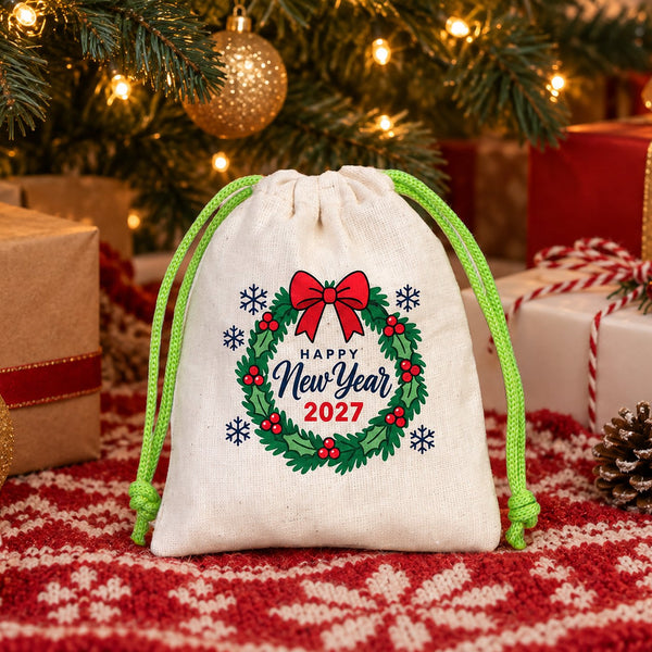Cotton pouch with a green cord printed with a Happy New Year 2027 holly wreath on a red Nordic knit tree skirt among wrapped presents under the Christmas tree