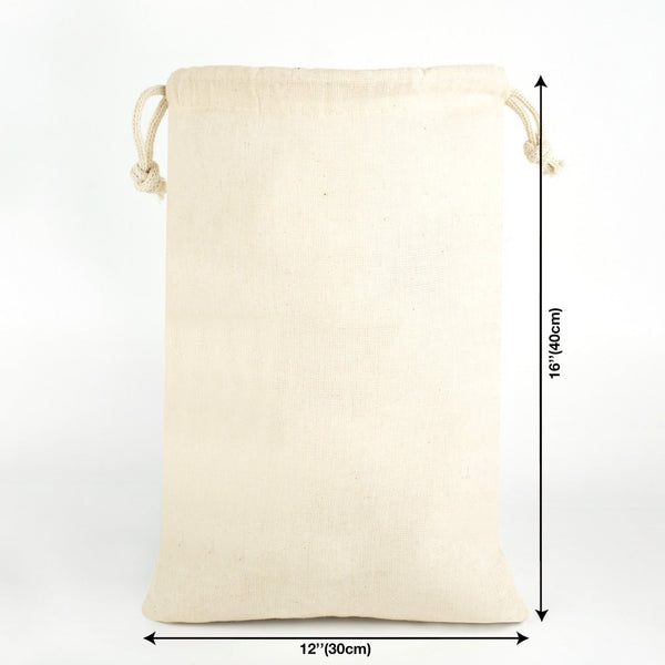 Real photo of the natural cotton drawstring bag with size arrows, 12 x 16 inches (30 x 40 cm)