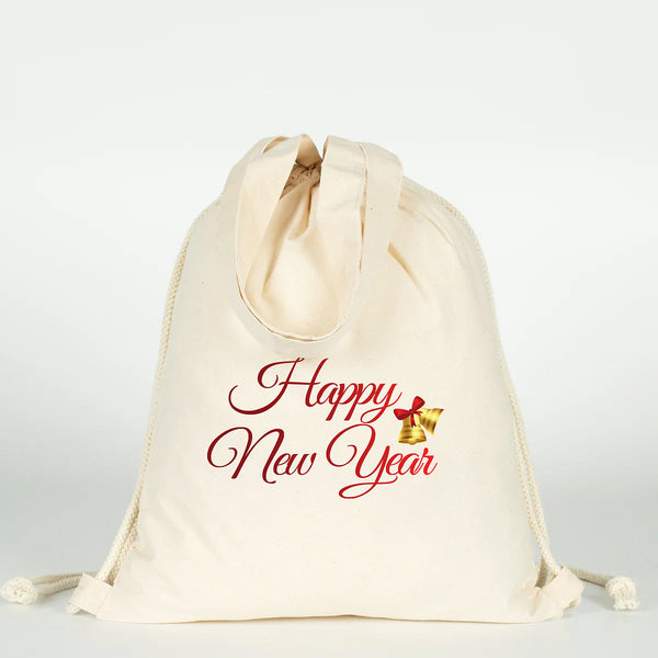 Christmas Drawstring Backpack with Happy New Year Print, Natural Cotton - Pamusan.com