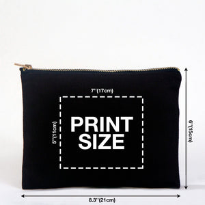 Real photo of the black cotton clutch with size arrows, 8.3 x 6 inches (21 x 15 cm), and the print size of up to 7 x 5 inches (17 x 11 cm)