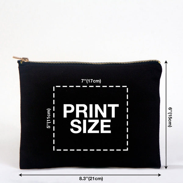 Real photo of the black cotton clutch with size arrows, 8.3 x 6 inches (21 x 15 cm), and the print size of up to 7 x 5 inches (17 x 11 cm)