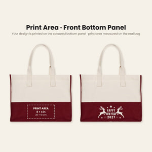 Print area of up to 8 x 4 inches (20 x 10 cm) centred on the coloured bottom panel of the tote, with an example Happy New Year 2027 reindeer print