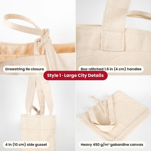 Large City canvas tote details: drawstring tie closure, box-stitched 4 cm handles, 10 cm side gusset and heavy 450 g gabardine canvas