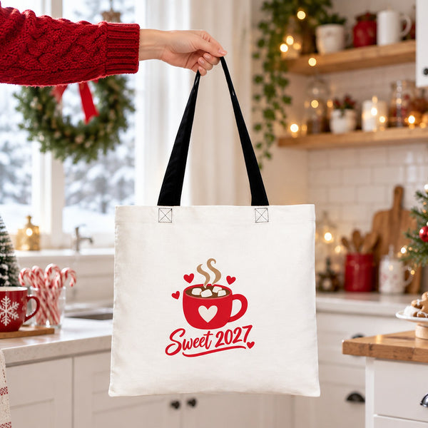 Hand lifting a cotton tote bag with black handles and a Sweet 2027 hot cocoa print in a bright Christmas kitchen