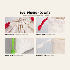 Real close-up photos of the cotton pouch: gathered top, knotted red cord ends, the apple-green cord and the natural 140 gsm cotton