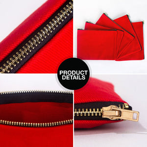 Real product detail photos of the red cotton clutch: zipper, zipper pull, unlined inside and a stack of clutches