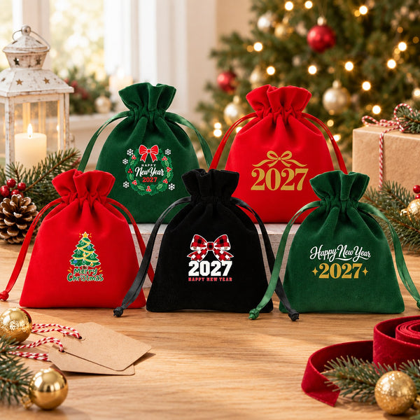 Five red, green and black velvet drawstring pouches with different Christmas and New Year 2027 designs arranged as bulk party favours and gifts for guests, a team or a class