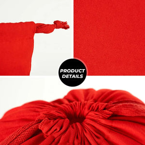 Real product detail photos of the red drawstring bag: red cotton cord with a knot, cotton fabric and the gathered drawstring top