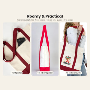Real photos of the canvas tote bag front pocket holding a phone, the 5 inch (12 cm) side gusset and the bag carried on the shoulder