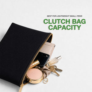 Real product detail photos of the black cotton clutch: brass zipper, zipper pull, unlined inside and a stack of clutches