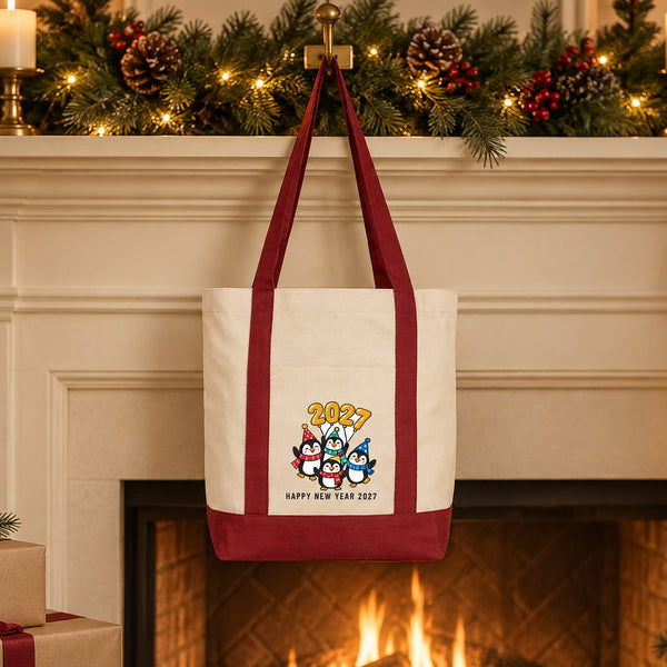 Burgundy strap canvas tote bag with a penguin Happy New Year 2027 print hanging from a fireplace mantel like a big gift stocking