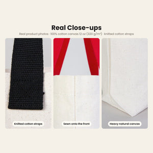 Real close-ups of the canvas tote bag: knitted cotton straps sewn onto the front and heavy natural 320 gsm canvas