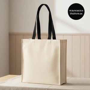 Blank large cotton canvas tote bag with black woven handles, 14.5x14.5x5.5 in (37x37x14 cm)
