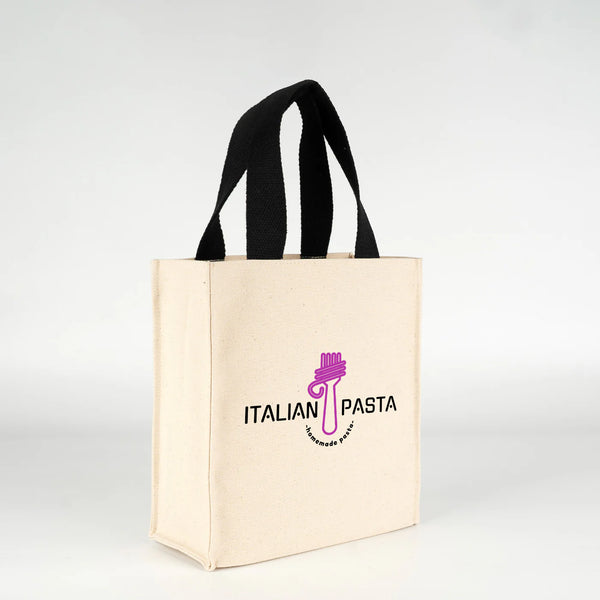Natural canvas tote bag back view with blank large front print area