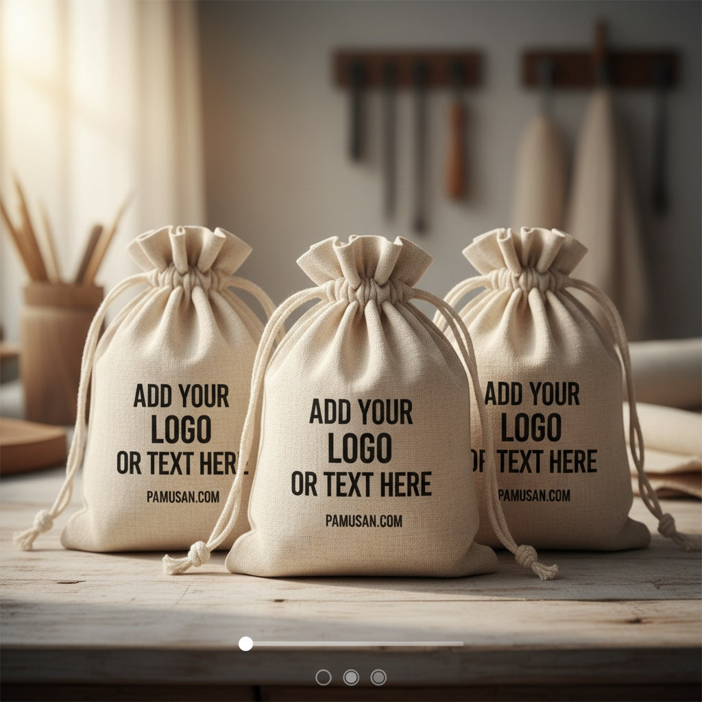 Three beige drawstring bags with text on a wooden surface