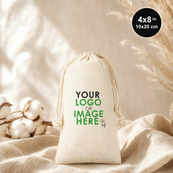 Custom drawstring pouch in natural cotton muslin 4"x8" (10x20 cm) front view