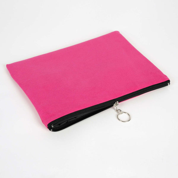 Pink pouch with a black zipper on a white background