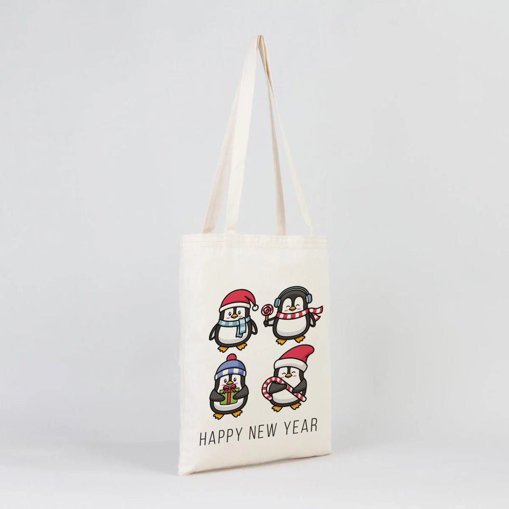 New Year Tote Bag – Natural Cotton Fabric with Cute Penguin Holiday Design