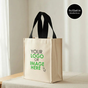 Custom printed natural canvas tote bag 9"x10"x4" front view with self-fabric handles