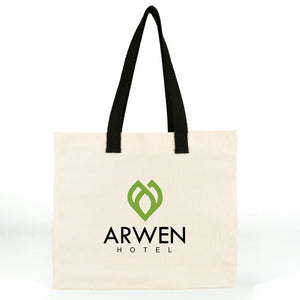 Large printed canvas bag open from above showing 6 inch gusset depth