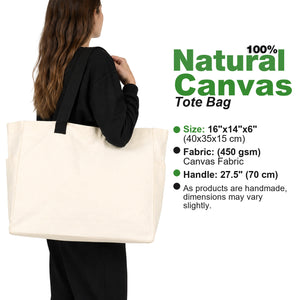 100% natural cotton tote bag spec card: 16"x14"x6" (40x35x15 cm), 450 gsm gabardine, 27.5" (70 cm) handles