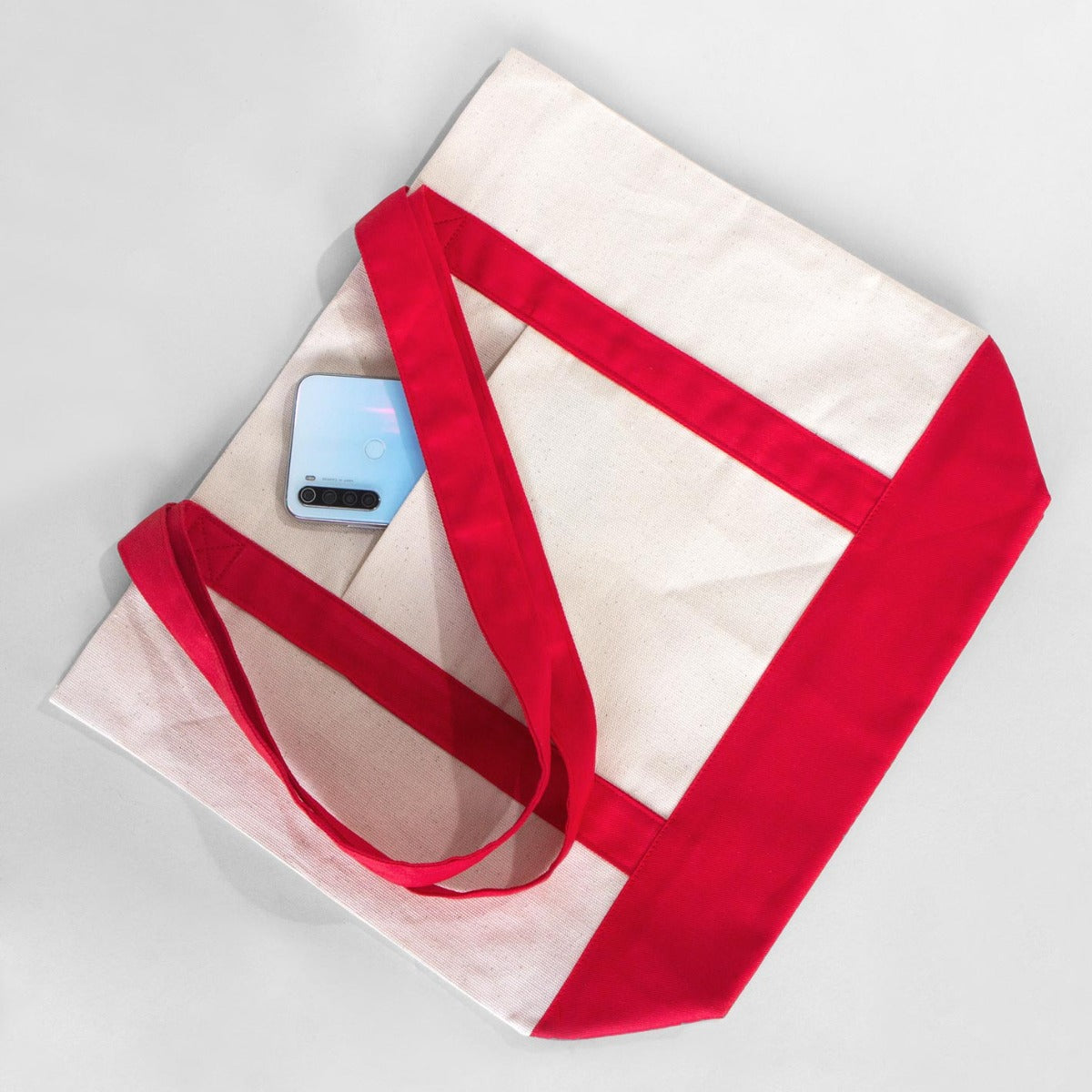Large Canvas Tote Bag with Red Handles – 16"x14"x5" Eco-Friendly Cotton Shopping Bag