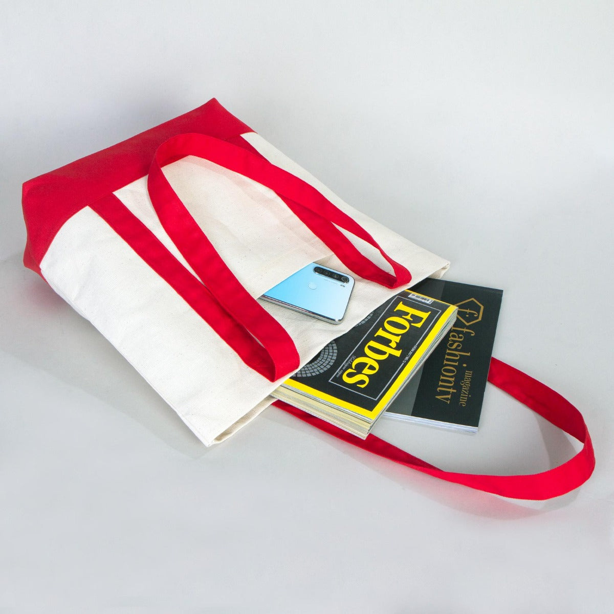 Large Canvas Tote Bag with Red Handles – 16"x14"x5" Eco-Friendly Cotton Shopping Bag