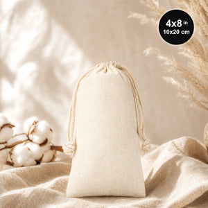 Blank cotton drawstring pouch 4"x8" (10x20 cm) in natural raw muslin, front view