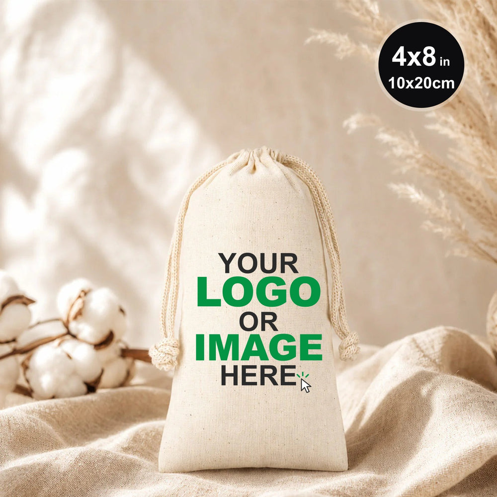 Custom Drawstring Pouch – Printed Natural Cotton Muslin Favor Bag 4"x8" (10x20 cm)