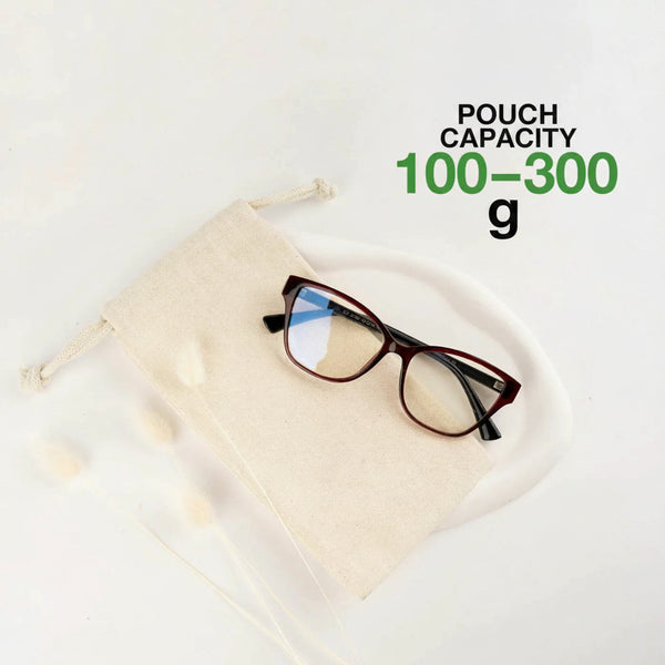 Custom muslin gift pouch 4"x8" angled view showing fabric texture