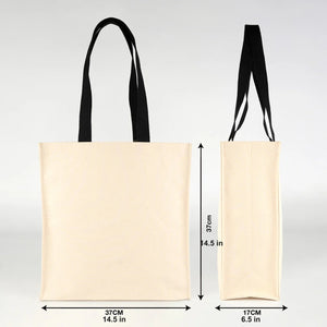 Large cotton canvas tote bag dimensions: 14.5 in (37 cm) wide x 14.5 in (37 cm) tall x 6.5 in (17 cm) deep