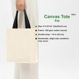 100% cotton canvas tote bag specs: 9x10x4 in, 320 gsm, 14 in handle drop, handmade