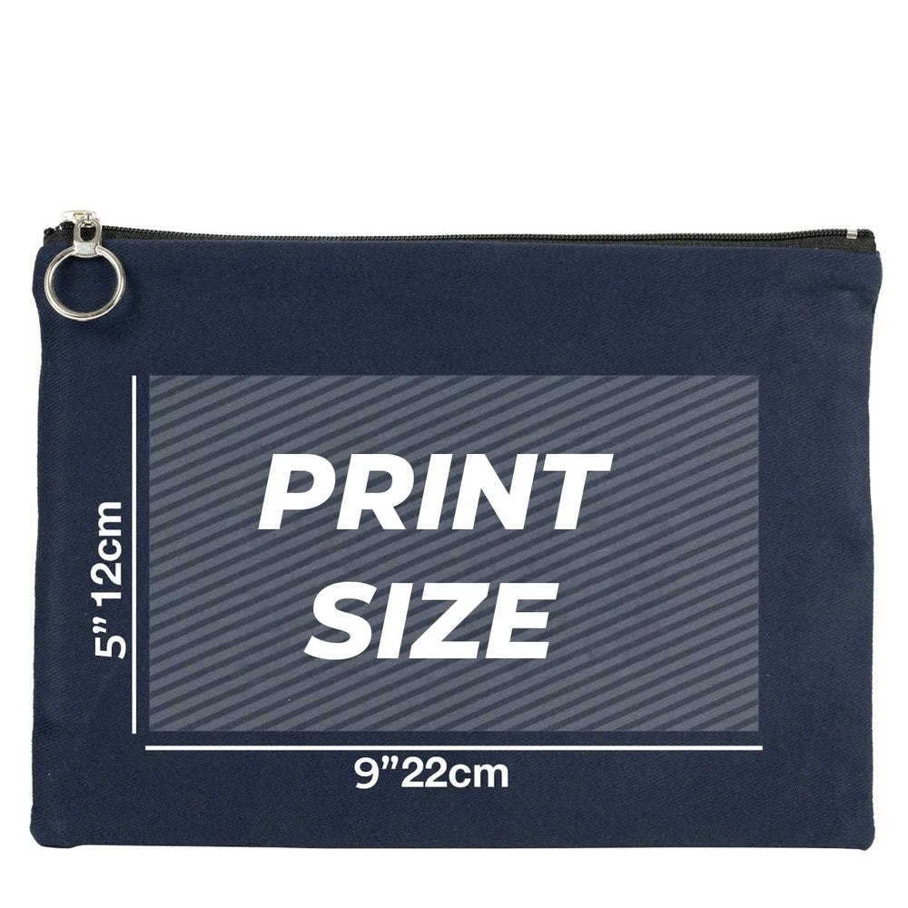Navy blue pouch with customizable text on a wooden surface
