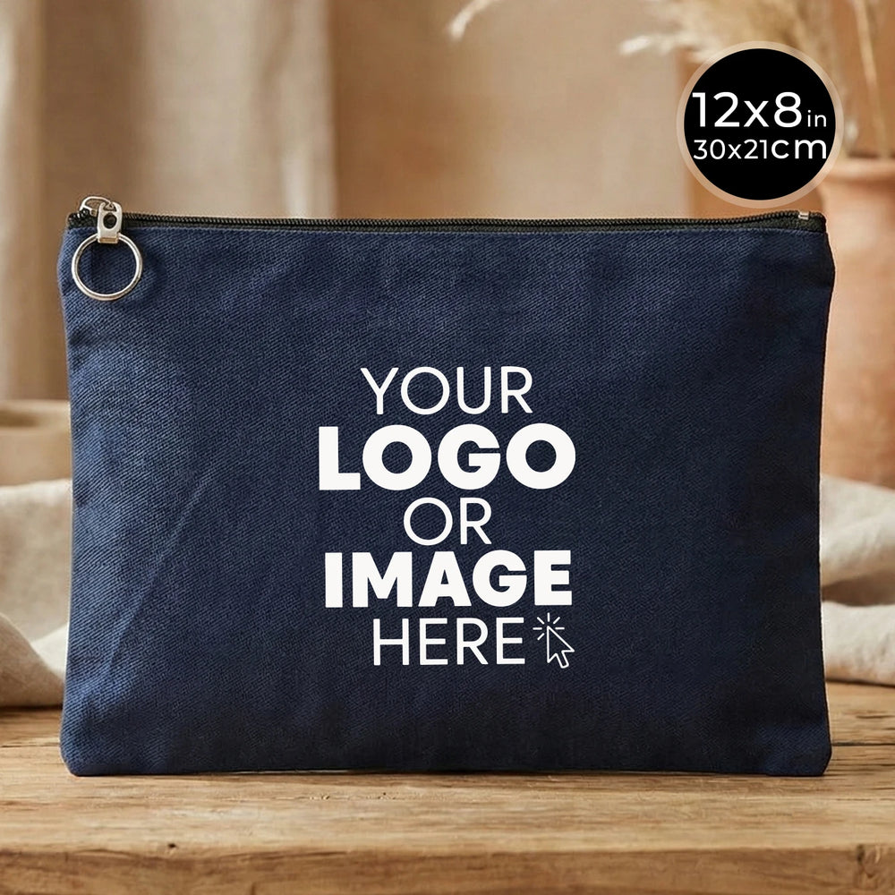 Navy blue pouch with customizable text on a wooden surface