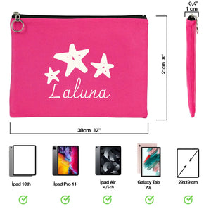 Pink pouch with star designs and 'Laluna' branding, shown with dimensions and product compatibility icons.