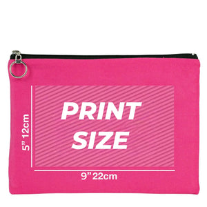 Pink pouch with print size measurement text on a white background