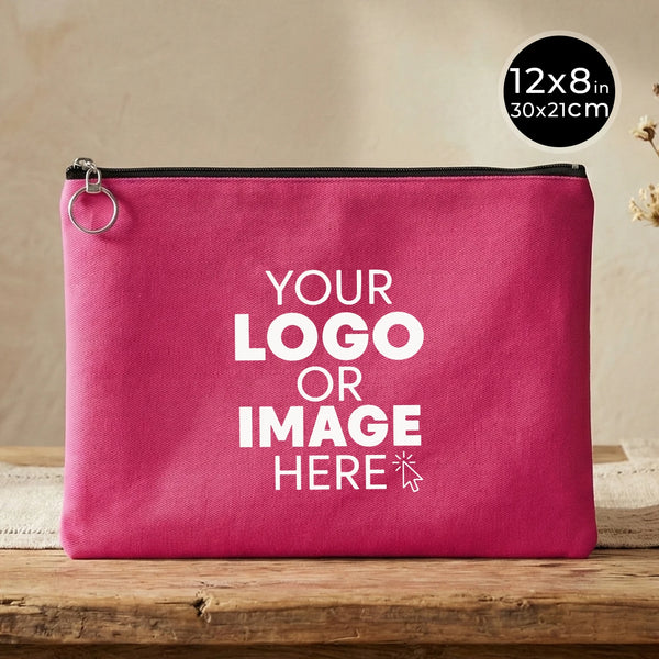 Pink pouch with customizable text on a wooden surface