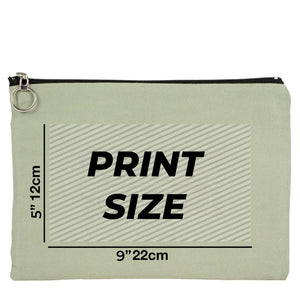 Beige pouch with text and measurements on a white background