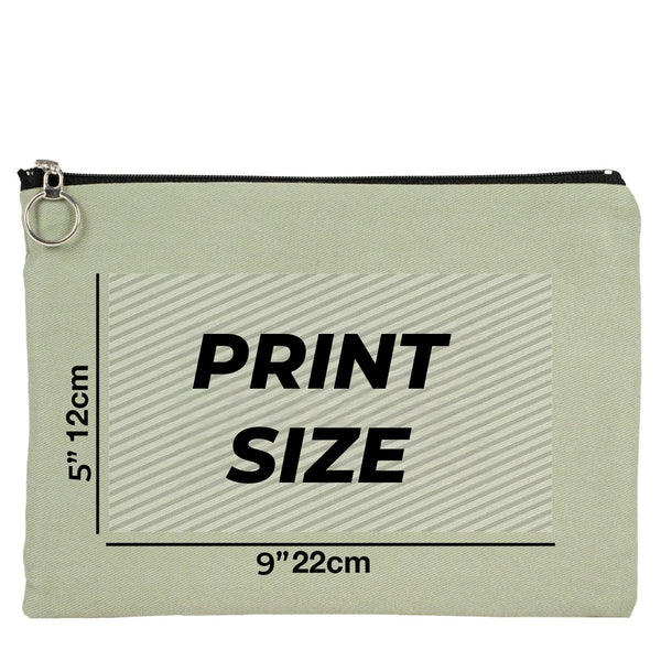 Beige pouch with text and measurements on a white background