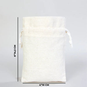 White drawstring bag with measurements on a gray background