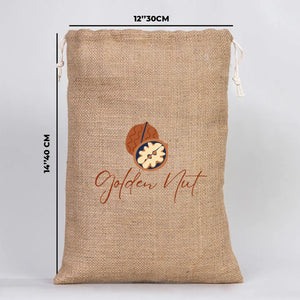 Jute bag with 'Golden Nut' logo and measurements on a light gray background