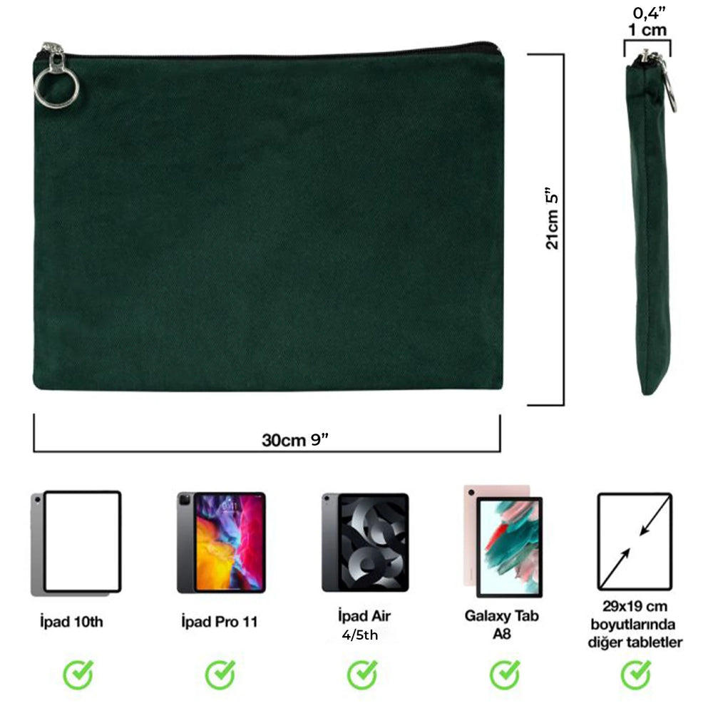 Pine Green Cotton Zippered Clutch Pouch – 12" × 8" (30 × 21 cm) – 10 oz Fabric