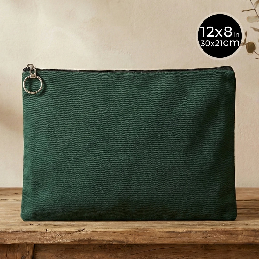 Pine Green Cotton Zippered Clutch Pouch – 12" × 8" (30 × 21 cm) – 10 oz Fabric