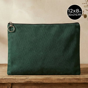 Pine Green Cotton Zippered Clutch Pouch – 12" × 8" (30 × 21 cm) – 10 oz Fabric