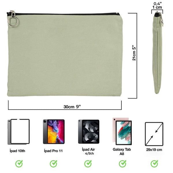 Mint Green Cotton Zippered Clutch Pouch – 12" × 8" (30 × 21 cm) – 10 oz Fabric