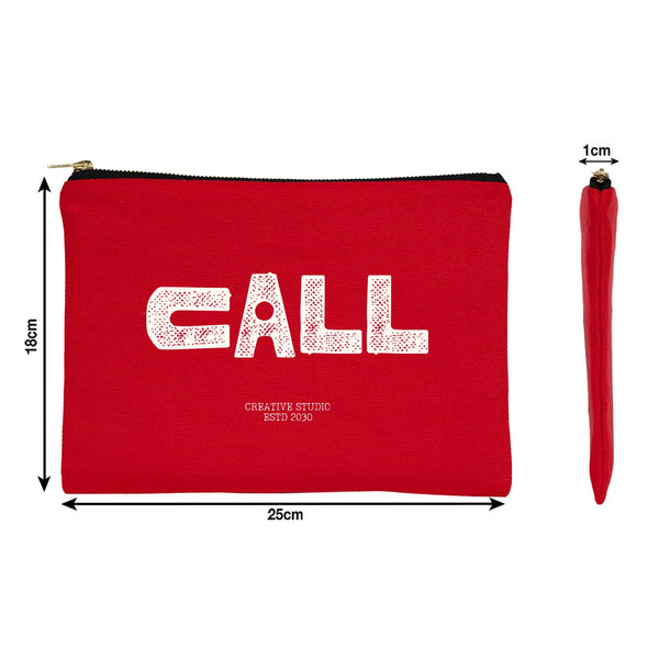 Red pouch with 'CALL' text and measurements on a white background