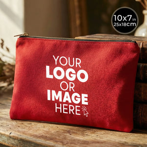 Red pouch with customizable text on a wooden surface