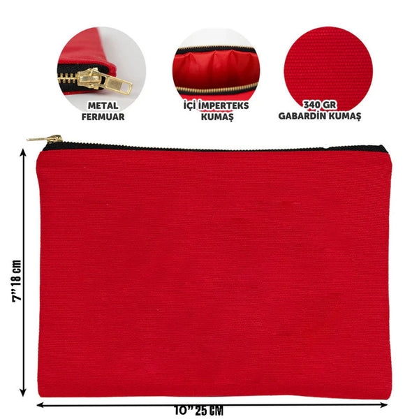 Red pouch with zipper, showing material details and dimensions on a white background.