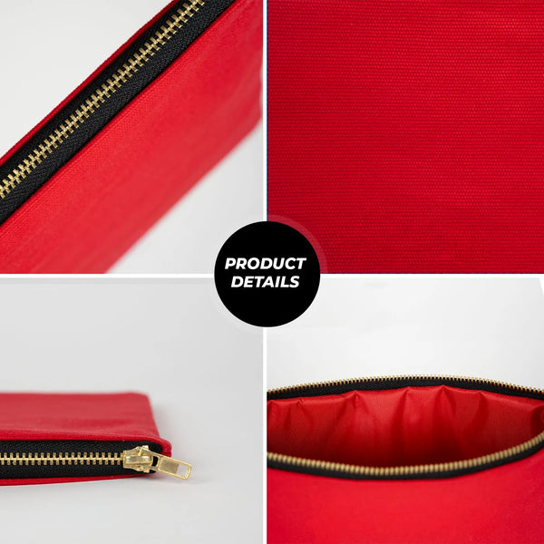 Red bag with gold zipper shown from different angles on a white background.
