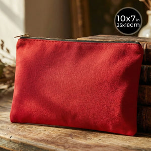 Red pouch on a wooden surface with dimensions indicated